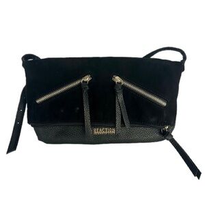 Kenneth Cole Reaction Crossbody Black Faux Leather With Fold Over Flap Gold-tone